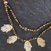 Hamsa Hand-Carved Mammoth Tusk Hamsa Necklace on Leather Cord and Beads