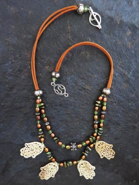 Hand-Carved Mammoth Tusk Hamsa Necklace on Leather Cord and Beads
