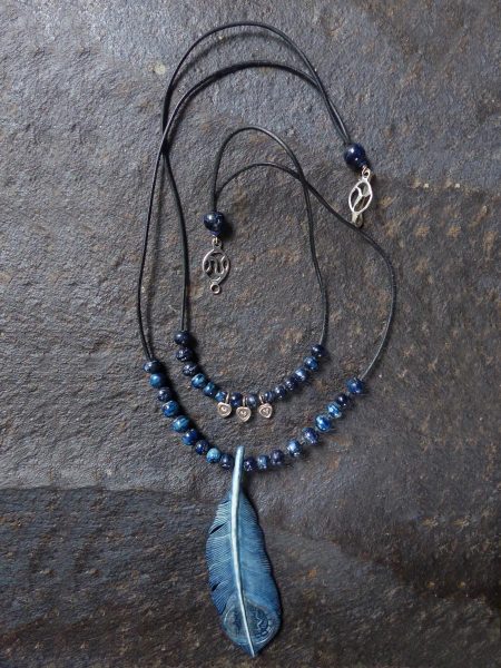 Hand-Carved Indigo-Dyed Bone Feather and Beads Necklace on Double Strand Leather Cord With Sterling Silver Hearts