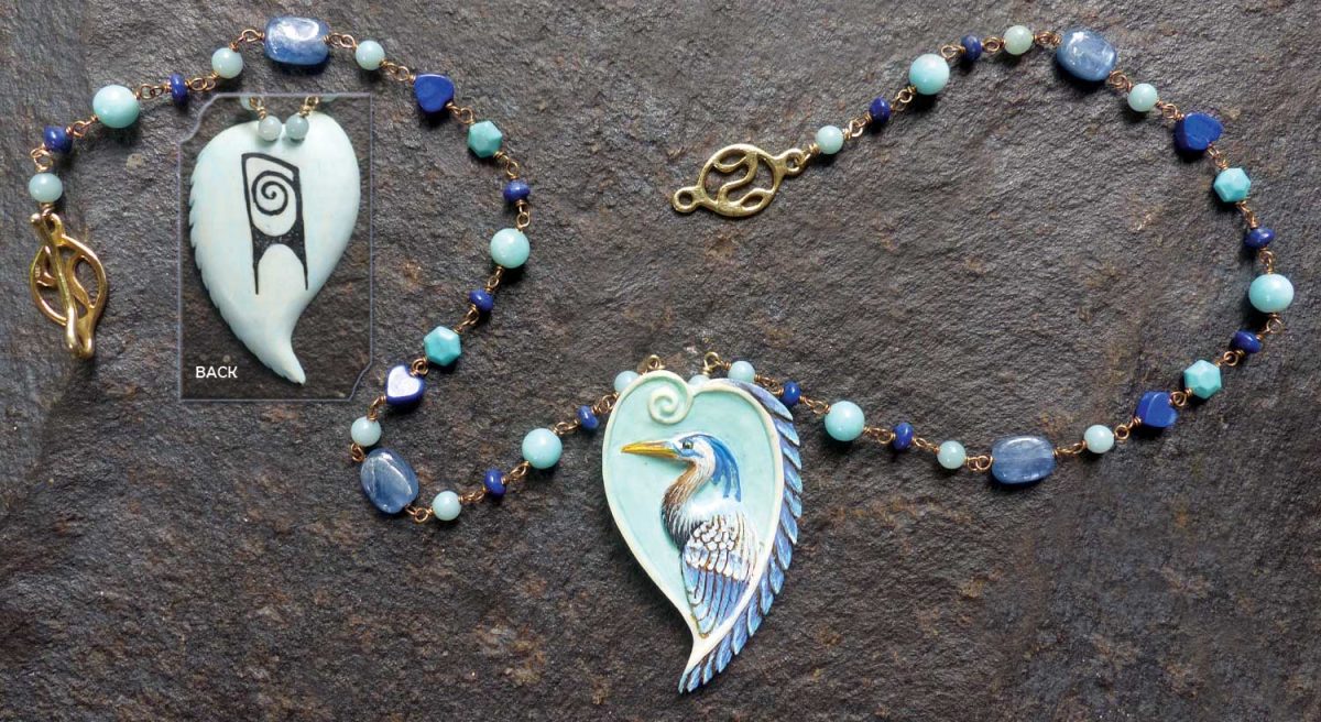 Hand-Carved Hand-Painted Blue Heron Beaded Necklace with Talisman Inlaid on Reverse Side